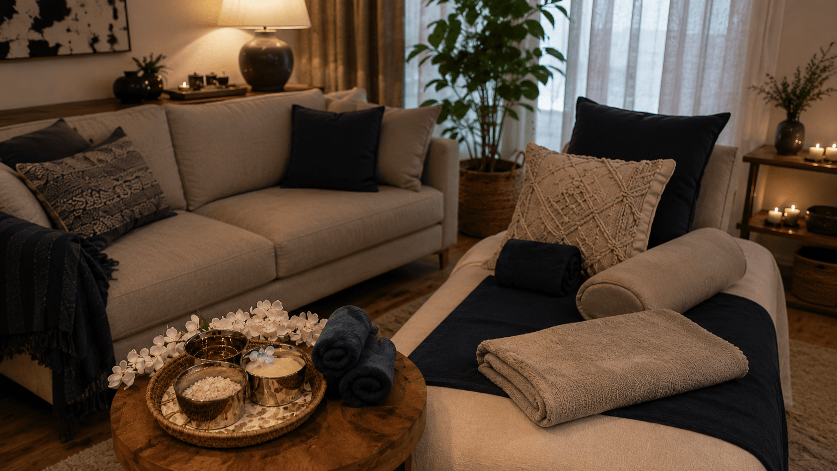 Home visit setup with clean textiles and supports